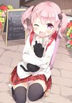  ;d backpack bag black_legwear blush chalkboard fang flower gyuunyuu_nomio hair_ornament joshi_shougakusei_hajimemashita looking_at_viewer menu_board one_eye_closed open_mouth panties pantyshot pavement pink_eyes pink_hair pink_panties plaid polka_dot polka_dot_panties randoseru recorder_case riri_(joshi_shougakusei_hajimemashita) running_bond scarf short_hair short_twintails skirt smile solo thighhighs twintails underwear 