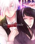  1girl bangs black_hair blue_eyes blunt_bangs bow bowtie commentary_request death_parade decim_(death_parade) hair_over_one_eye holding_hands kiiya_(torotti) kurokami_no_onna long_hair multicolored_hair purple_eyes shirt smile two-tone_hair white_hair 