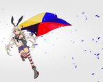  blonde_hair blue_eyes confetti flag gloves hairband highres hita_(hitapita) kantai_collection long_hair sailor_collar shimakaze_(kantai_collection) smile solo thighhighs uniform z_flag 