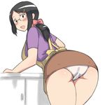  aaaa apron ass black_hair bow from_behind glasses hair_bow highres long_hair looking_at_viewer looking_back open_mouth original panties ponytail skirt smile solo underwear 