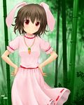  animal_ears bamboo bamboo_forest blurry breasts brown_hair bunny_ears carrot_necklace daisy depth_of_field dress flower forest hands_on_hips highres inaba_tewi looking_at_viewer nature outdoors pink_dress puffy_short_sleeves puffy_sleeves red_eyes short_hair short_sleeves small_breasts smile solo suigetsu_(watermoon-910) touhou 