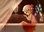  absurdres bath bath_of_blood bathing blonde_hair blood blood_stain bloody_hands bow breasts candle candlelight candlestand colored_eyelashes curtains fingernails fire flame flandre_scarlet floral_print hat hat_bow highres knees looking_down mob_cap nude open_mouth red_eyes ribbon-trimmed_headwear ribbon_trim saliva side_ponytail sitting small_breasts solo tearing_up tongue touhou tub vampire wax wings yukineko 