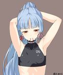  adjusting_hair armpits arms_up bangs blue_hair blunt_bangs blush covered_nipples flat_chest hair_ribbon halter_top halterneck highres jito_mesuki_nitouhei kantai_collection long_hair mouth_hold murakumo_(kantai_collection) red_eyes ribbon simple_background solo sports_bra tying_hair 