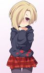  bad_id bad_pixiv_id bags_under_eyes black_legwear blonde_hair blush brown_eyes earrings hair_over_one_eye hood hood_down hoodie idolmaster idolmaster_cinderella_girls jewelry looking_at_viewer pantyhose red_eyes shirasaka_koume short_hair skirt sleeves_past_fingers sleeves_past_wrists solo ushi 