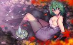  autumn_leaves bare_arms bare_legs bare_shoulders barefoot bathing blue_eyes bottle breasts choko_(cup) cleavage collarbone come_hither cup floating green_hair highres idolmaster idolmaster_cinderella_girls jjune large_breasts looking_at_viewer mole mole_under_eye naked_towel onsen sitting smile solo takagaki_kaede tokkuri towel tray 