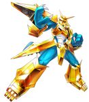  armor claws digimon digimon_story:_cyber_sleuth gauntlets gold gold_armor horns magnamon monster no_humans official_art red_eyes shoulder_pads simple_background solo tail yasuda_suzuhito 