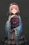  birdcage blouse cage expressionless eyeball frilled_sleeves frills grey_background hairband heart holding komeiji_satori long_sleeves looking_at_viewer pink_eyes pink_hair simple_background skirt solo third_eye touhou upper_body wide_sleeves yuren 