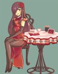  alternate_costume artist_request black_gloves black_hair black_legwear cake candle chair china_dress chinese_clothes christmas crossed_legs cup dress elbow_gloves english floral_print flower food gloves grey_background hair_flower hair_ornament hair_over_one_eye hands_on_own_knee ikezawa_hanako katawa_shoujo long_hair merry_christmas pantyhose parted_lips plate purple_eyes simple_background sitting slice_of_cake smile solo strawberry_shortcake table tablecloth teacup very_long_hair 