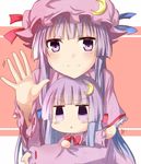  :&lt; capelet chibi crescent crescent_hair_ornament dual_persona hair_ornament hat long_sleeves mob_cap multiple_girls no_hat no_headwear patchouli_knowledge purple_eyes purple_hair ram_hachimin smile touhou waving wide_sleeves 