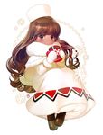  bad_id bad_pixiv_id bangs blunt_bangs blush brown_eyes brown_hair capelet cocoa_cookie cookie_run cup dark_skin dbd dress full_body gloves hat long_hair looking_at_viewer mug personification smile snowflake_print snowflakes solo very_long_hair white_dress white_gloves 