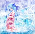  alternate_costume alternate_hair_length alternate_hairstyle bare_arms bare_shoulders bare_tree barefoot blue_background blue_eyes blue_hair bow cirno dress expressionless floral_print glint hair_bow half_updo ice ice_wings kneeling long_hair older pink_dress skirt_hold snowing solo strap_slip touhou tree tsukiori_sasa water wings 