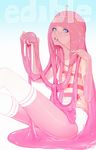  adventure_time artist_request cartoon_network goo_girl hair_in_mouth looking_at_viewer m-i-q monster_girl nail_polish pink_skin princess_bonnibel_bubblegum short_shorts sitting solo thighhighs tiara 