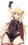  :d ahoge arm_up blonde_hair breasts cape covered_navel doronjo green_eyes leopard_(yatterman) long_hair no_mask open_mouth shiseki_hirame small_breasts smile solo thighhighs time_bokan_(series) white_background yatterman yoru_no_yatterman 