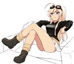  ahoge bad_id bad_pixiv_id black_footwear blonde_hair blue_eyes boots couch cross-laced_footwear crossed_legs full_body goggles goggles_on_head hanna-justina_marseille hloox lace-up_boots long_hair long_sleeves military military_uniform miniskirt pleated_skirt simple_background sitting skirt smile solo strike_witches uniform white_background white_skirt world_witches_series 
