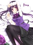  blush gochuumon_wa_usagi_desu_ka? kujou_danbo long_hair looking_at_viewer lying on_side pantyhose purple_eyes purple_hair rabbit_house_uniform solo tedeza_rize twintails 