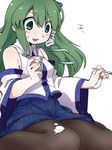  chabi_(amedama) detached_sleeves frog_hair_ornament green_eyes green_hair hair_ornament kochiya_sanae long_hair open_mouth pantyhose sitting skirt snake snake_hair_ornament solo spill spoon touhou yogurt 