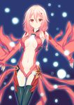  azel_(alt6633) bare_shoulders black_legwear blush breasts center_opening cleavage detached_sleeves elbow_gloves fingerless_gloves gloves guilty_crown hair_ornament hairclip highres long_hair looking_at_viewer medium_breasts navel pink_hair red_eyes solo thighhighs twintails yuzuriha_inori 