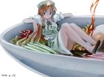  blue_eyes bowl braid chabi_(amedama) dated egg food hat hong_meiling in_bowl in_container in_food long_hair minigirl noodles red_hair solo soup touhou twin_braids 