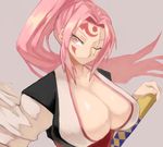  baiken breasts cleavage collarbone facial_mark guilty_gear hair_intakes huge_breasts japanese_clothes katana kimono long_hair one-eyed one_eye_closed open_clothes open_kimono parted_lips pink_eyes pink_hair ponytail scar scar_across_eye shino_(2919) silver_background simple_background solo sword weapon 