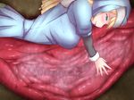  bad_end blonde_hair blush bracelet death digestion inside_creature jewelry lamia mon-musu_quest! monster_girl nun ring sister_lamia smile stomach tail teal_eyes tiny_lamia tongue unbirthing vore 