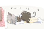 =_= animal_ears bangs blush_stickers capelet closed_eyes commentary crawling from_side full_body grey_hair highres ishikkoro kotatsu long_sleeves mouse_ears mouse_tail nazrin no_nose short_hair socks solo table tail touhou 