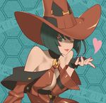  bare_shoulders black_gloves black_hair breasts cleavage cleavage_cutout fingerless_gloves fingernails gloves green_eyes green_hair guilty_gear hat heart honeycomb_(pattern) honeycomb_background i-no large_breasts lips long_fingernails mole mole_above_mouth nail_polish one_eye_closed pink_nails red_hat short_hair solo souma_kira witch_hat 