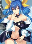  ass_visible_through_thighs bare_shoulders black_legwear blue_hair bow breasts choker cleavage collarbone detached_sleeves dizzy grin guilty_gear hair_ribbon hair_rings hand_on_own_face large_breasts long_hair long_sleeves navel purinnssu red_eyes ribbon smile solo thighhighs twintails underboob yellow_bow 