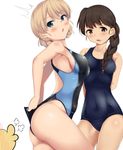  2girls adjusting_clothes adjusting_swimsuit arms_behind_back ass bad_id bad_pixiv_id blonde_hair blue_eyes blue_swimsuit blush braid breasts brown_eyes brown_hair competition_swimsuit covered_navel darjeeling eyebrows_visible_through_hair from_side girls_und_panzer hair_over_shoulder hair_tie head_tilt highres long_hair looking_back multiple_girls nksk old_school_swimsuit one-piece_swimsuit rukuriri school_swimsuit short_hair sideboob simple_background single_braid swimsuit thighs tied_hair twin_braids wet white_background 