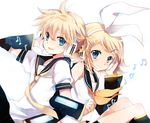  1girl blonde_hair blue_eyes brother_and_sister detached_sleeves hair_ornament hairclip hara_yui headphones kagamine_len kagamine_rin necktie short_hair siblings twins vocaloid yellow_neckwear 