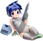  androgynous arm_support bangs bare_shoulders blue_eyes blue_hair child copyright_request full_body gem gloves grey_gloves grey_legwear halterneck headphones holding leotard light_smile looking_at_viewer navel navel_cutout oversized_object pen reclining satou_toshiyuki short_hair simple_background smile solo thighhighs turtleneck white_background 