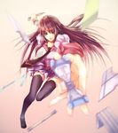  bakemonogatari blue_eyes blurry depth_of_field foreshortening long_hair monogatari_(series) purple_hair school_uniform senjougahara_hitagi skirt solo stapler thighhighs vienri zettai_ryouiki 