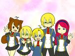  3girls :&lt; :d :o ahoge animal_ears arm_support blazblue blonde_hair blue_eyes brown_eyes brown_hair carl_clover glasses green_eyes jin_kisaragi kimidori_(gycw) makoto_nanaya multiple_boys multiple_girls noel_vermillion open_mouth school_uniform smile squirrel_ears squirrel_tail tail tsubaki_yayoi waving 