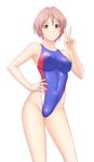  arena_(company) blush breasts competition_swimsuit contrapposto copyright_request covered_nipples grin hand_on_hip highleg highleg_swimsuit kuri_(kurigohan) medium_breasts navel one-piece_swimsuit pink_eyes pink_hair shiny shiny_clothes short_hair skin_tight smile solo standing swimsuit v 