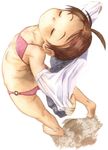  ahoge arched_back barefoot bikini blush brown_hair child closed_eyes copyright_request happy outstretched_arms satou_toshiyuki short_hair smile solo spread_arms swimsuit traditional_media undressing 