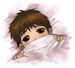  bed bed_sheet blush brown_eyes brown_hair hiding original satou_toshiyuki shy solo 