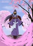  black_hair bleach katana male_focus mask petals ponytail senbonzakura solo spoilers sword tree weapon 