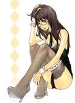  brown_eyes brown_hair garters glasses high_heels hitowa legs lips long_hair necktie original shoes sitting solo thighhighs wrist_cuffs 