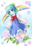  bad_id bad_pixiv_id bloomers blue_eyes blue_hair blush bow bowtie cirno frills gathers happy kawai_kei_(artist) kneeling large_bow outstretched_arms rainbow ribbon short_hair smile solo spread_arms touhou underwear 