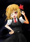  blonde_hair breasts fang hair_ribbon large_breasts one_eye_closed open_mouth red_eyes ribbon rumia short_hair solo touhou uhyo_(uhyoahya) 