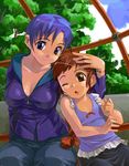  age_difference blue_hair blush breasts brown_hair casual child cleavage denim jeans large_breasts long_hair lowres mature mother_and_daughter multiple_girls original pants purple_hair satou_toshiyuki smile 