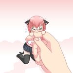  &gt;_&lt; animal_ears biting blush cat_ears cat_tail chibi closed_eyes copyright_request finger_biting glasses hasai lowres minigirl pink_hair skirt solo_focus tail tears thighhighs zettai_ryouiki 