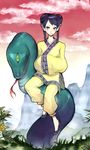  black_hair blush braid chinese_clothes cloud copyright_request double_bun flats hitowa monster mountain purple_eyes sky sleeves_past_wrists snake solo twin_braids 
