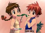  2girls braid brown_hair camisole eating food long_hair mochi multiple_girls original red_hair satou_toshiyuki shared_food short_hair wagashi 