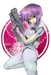  ass bodysuit breasts ghost_in_the_shell ghost_in_the_shell_stand_alone_complex grey_bodysuit gun hitowa kusanagi_motoko large_breasts purple_eyes purple_hair short_hair solo weapon 