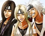  2boys bangs blonde_hair blue_background brown_hair closed_mouth collarbone facial_mark fishnets forehead_protector grin hair_between_eyes japanese_clothes jewelry jiraiya lily_(artist) long_hair looking_at_another looking_at_viewer low_ponytail low_twintails lowres multiple_boys nail_polish naruto naruto_(series) orochimaru outdoors parted_bangs pendant simple_background sky smile spiked_hair teeth tsunade twintails upper_body white_hair younger 
