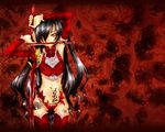  black_hair bow dagger detached_sleeves earrings gene_(pixiv) ghost jewelry long_hair mouth_hold original red_eyes solo sword tattoo thighhighs twintails very_long_hair weapon 