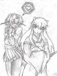  1boy 1girl absurdres aisha_clanclan bangs bell blush cat_ears cat_tail crossover hand_drawn heart heart-shaped_pupils highres inuyasha inuyasha_(character) japanese_clothes jingle_bell katana long_hair long_pointy_ears looking_back miniskirt monochrome one_eye_closed open_mouth outlaw_star pleated_skirt pointy_ears school_uniform serafuku skirt spoken_heart sword symbol-shaped_pupils tail traditional_media 