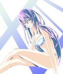  bakemonogatari bra breasts cleavage crossed_legs green_eyes gyuufa large_breasts lingerie long_hair monogatari_(series) panties purple_hair senjougahara_hitagi sitting solo strap_slip underwear underwear_only 