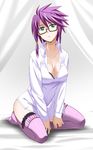  bra breasts cleavage copyright_request glasses green_eyes inue_shinsuke kneeling large_breasts lingerie purple_hair shirt solo thighhighs underwear 