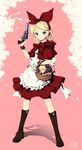 apron bad_id bad_pixiv_id basket blonde_hair boots capelet cosplay cross-laced_footwear explosive finger_on_trigger frills green_eyes grenade grimm's_fairy_tales gun hair_ribbon handgun holding holding_gun holding_weapon hood kagamine_len kagamine_rin knee_boots lace-up_boots little_red_riding_hood little_red_riding_hood_(grimm) little_red_riding_hood_(grimm)_(cosplay) nyanya red_capelet revolver ribbon short_hair siblings skirt smile smoke solo standing twins vocaloid weapon x_x 
